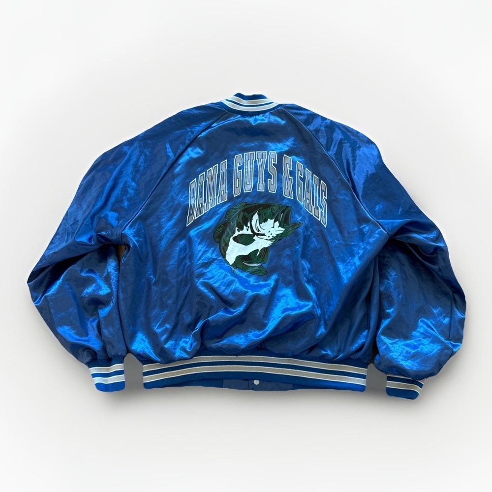 Vtg Satin Bomber Jacket Mens XL Chalk Line Blue Bama Guys‎ And Gals Bass Fishing